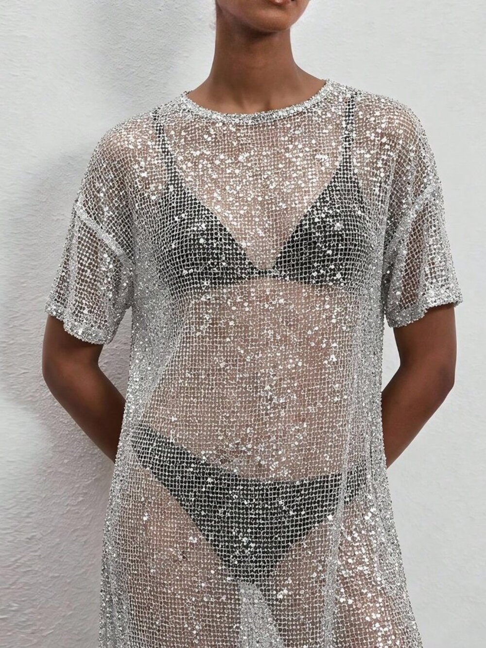White Sheer Sequin Women's Maxi Dress Split Hem, Mid‑Sleeve & Button Detail - Picture 3 of 5